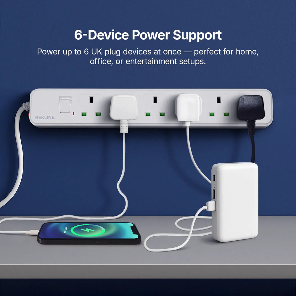 6 Socket Extension Lead With Safety Switch & Indicator Light | 13 Amp | 2m Cable Length | Wall Mount Design | by REKLINE