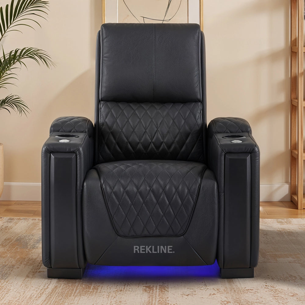 Home Cinema Chair in Black Real Leather | Luxury for Gaming & Movie Theatre Seating | Electric Recliner with Power Headrest & Automatic Lumbar Support | Assisi by REKLINE