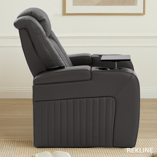 Home Cinema Chair in Grey Real Leather | Luxury for Gaming & Movie Theatre Seating | Electric Recliner with 8-Point Massage & Power Headrest | Capri by REKLINE