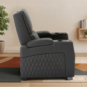 Home Cinema Chair in Grey Real Leather | Luxury for Gaming & Movie Theatre Seating | Electric Recliner with Power Headrest & Automatic Lumbar Support | Assisi by REKLINE