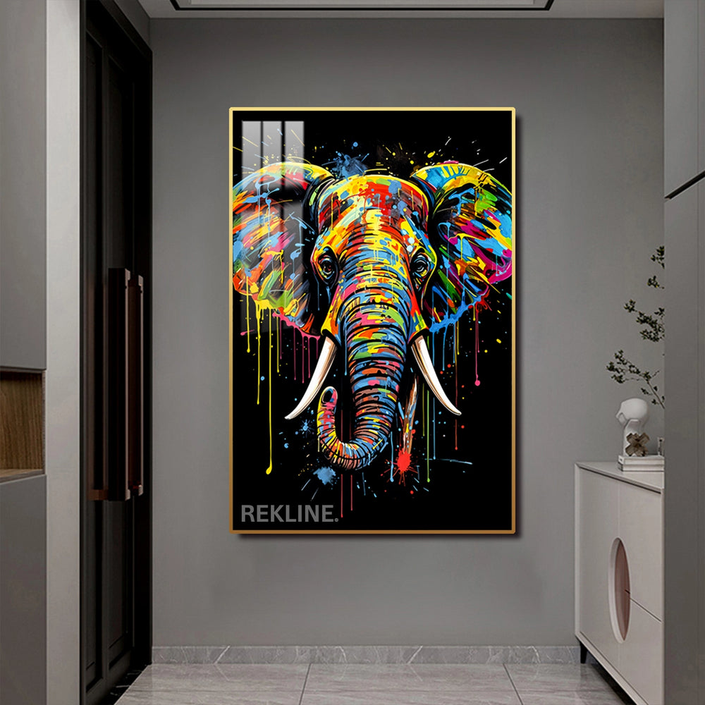 LED Elephant Canvas Art | Elephant Painting | 100×150 cm LED-Illuminated Crystal-Porcelain, Gold/Black Frame | By REKLINE