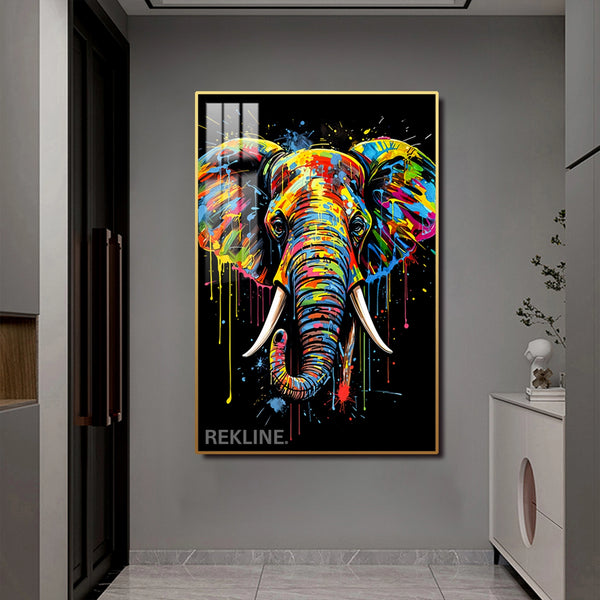 LED Elephant Canvas Art | Elephant Painting | 100×150 cm LED-Illuminated Crystal-Porcelain, Gold/Black Frame | By REKLINE
