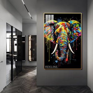 LED Elephant Canvas Art | Elephant Painting | 100×150 cm LED-Illuminated Crystal-Porcelain, Gold/Black Frame | By REKLINE