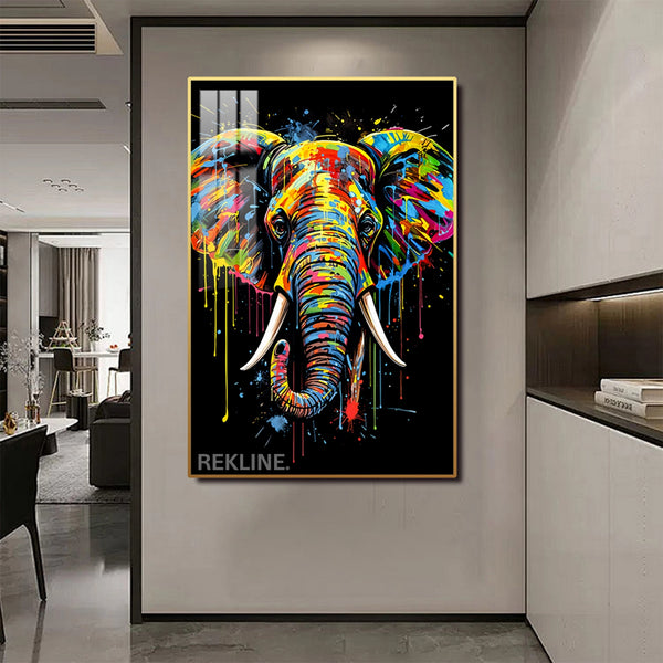 LED Elephant Canvas Art | Elephant Painting | 100×150 cm LED-Illuminated Crystal-Porcelain, Gold/Black Frame | By REKLINE