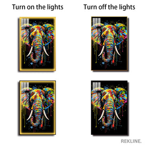 LED Elephant Canvas Art | Elephant Painting | 100×150 cm LED-Illuminated Crystal-Porcelain, Gold/Black Frame | By REKLINE