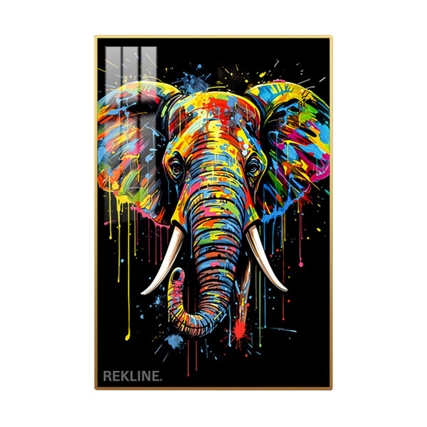 LED Elephant Canvas Art | Elephant Painting | 100×150 cm LED-Illuminated Crystal-Porcelain, Gold/Black Frame | By REKLINE