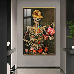 LED Skeleton Canvas Art | Self Love Skeleton Painting | 100×150 cm LED-Illuminated Crystal-Porcelain in Gold Frame | By REKLINE