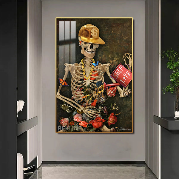 LED Skeleton Canvas Art | Self Love Skeleton Painting | 100×150 cm LED-Illuminated Crystal-Porcelain in Gold Frame | By REKLINE