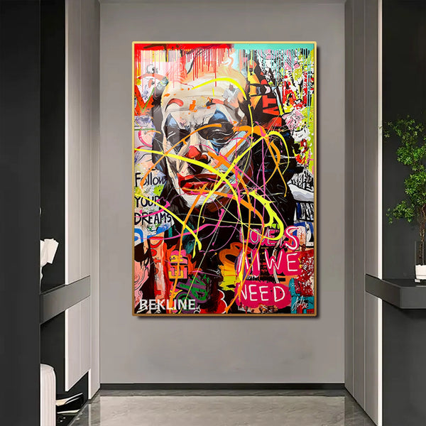 Graffiti Wall Art | Colourful Joker LED Canvas in Gold or Black Frame | 100×150 cm Pop Street Style for Bold Interiors | By REKLINE