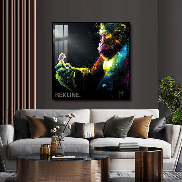 Gorilla Canvas Wall Art | LED Design in Gold or Black Frame | 100×100 cm Emotional Street-Style Piece with Bold Detail | By REKLINE