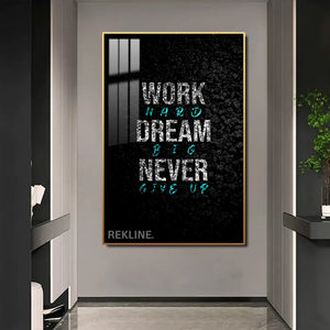 Work Hard Dream Big LED Canvas | 100×150 cm LED-Illuminated Crystal-Porcelain Motivational Painting, Gold/Black Frame | By REKLINE