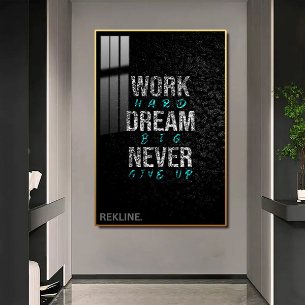 Work Hard Dream Big LED Canvas | 100×150 cm LED-Illuminated Crystal-Porcelain Motivational Painting, Gold/Black Frame | By REKLINE
