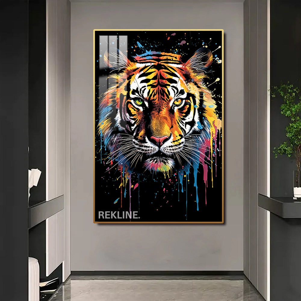 Vibrant Tiger LED Canvas | Tiger Face Painting | 100×150 cm LED-Illuminated Crystal-Porcelain, Gold/Black Frame | By REKLINE
