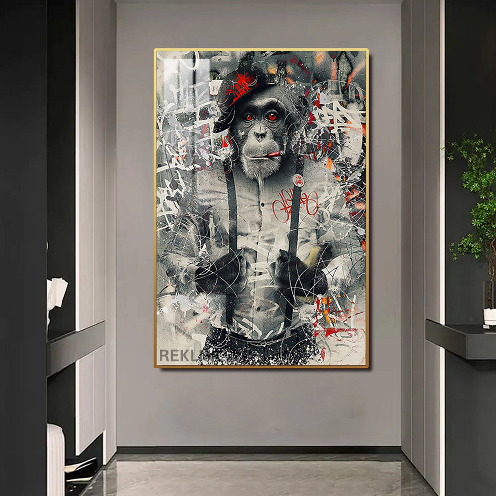 Graffiti Art Prints | LED Monkey Canvas in Gold or Black Frame | 100×150 cm Framed Urban Wall Decor | By REKLINE