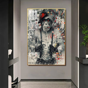 Graffiti Art Prints | LED Monkey Canvas in Gold or Black Frame | 100×150 cm Framed Urban Wall Decor | By REKLINE