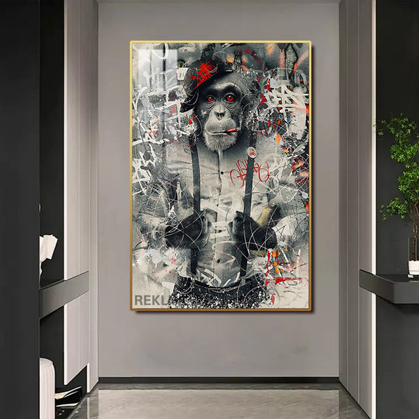 Graffiti Art Prints | LED Monkey Canvas in Gold or Black Frame | 100×150 cm Framed Urban Wall Decor | By REKLINE