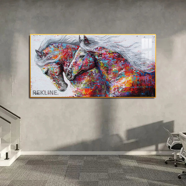 Horse Wall Art | 200×100 cm LED Canvas in Gold or Black Frame | Colourful Statement Piece for Large Spaces | By REKLINE