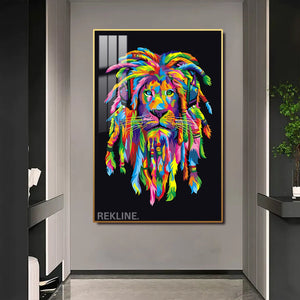 Colourful Lion Canvas | LED Wall Art with Headphones in Gold or Black Frame | 100×150 cm Pop-Inspired Centrepiece | By REKLINE