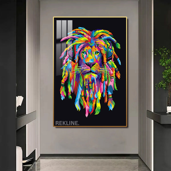 Colourful Lion Canvas | LED Wall Art with Headphones in Gold or Black Frame | 100×150 cm Pop-Inspired Centrepiece | By REKLINE