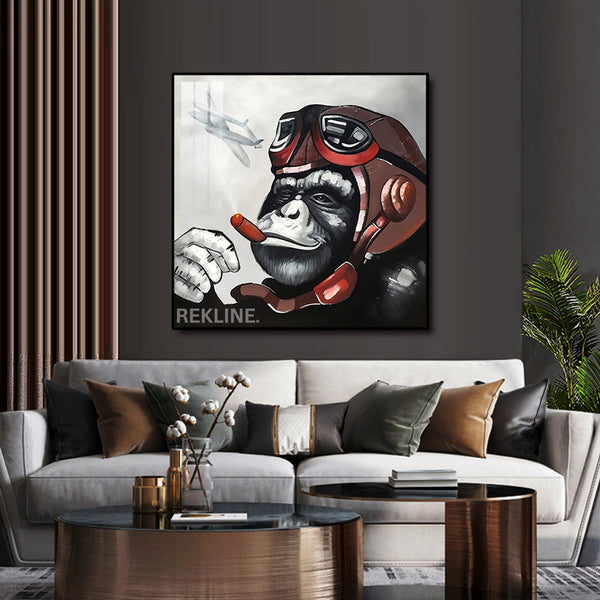 Monkey Canvas Wall Art | LED Pilot Design with Gold or Black Frame | 100×100 cm Retro Pop Decor for Unique Interiors | By REKLINE