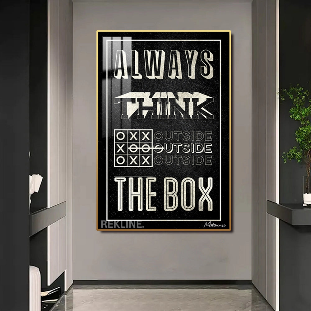 Think Outside The Box Canvas | Motivational Quotes Painting | 100×150 cm LED-Illuminated Crystal-Porcelain, Gold/Black Frame | By REKLINE