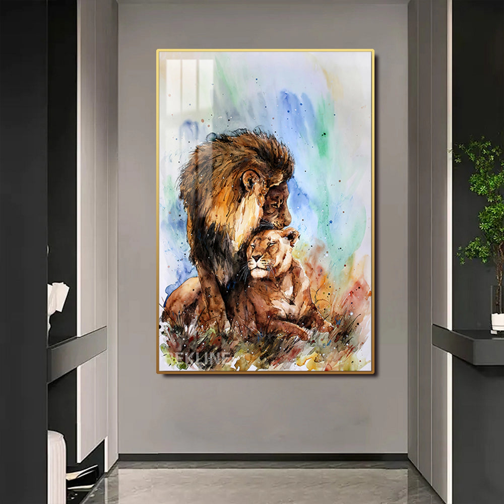 Lion Prints | LED Canvas in Gold Frame | 100×150 cm Elegant Wildlife Wall Art for Nature-Inspired Interiors | By REKLINE