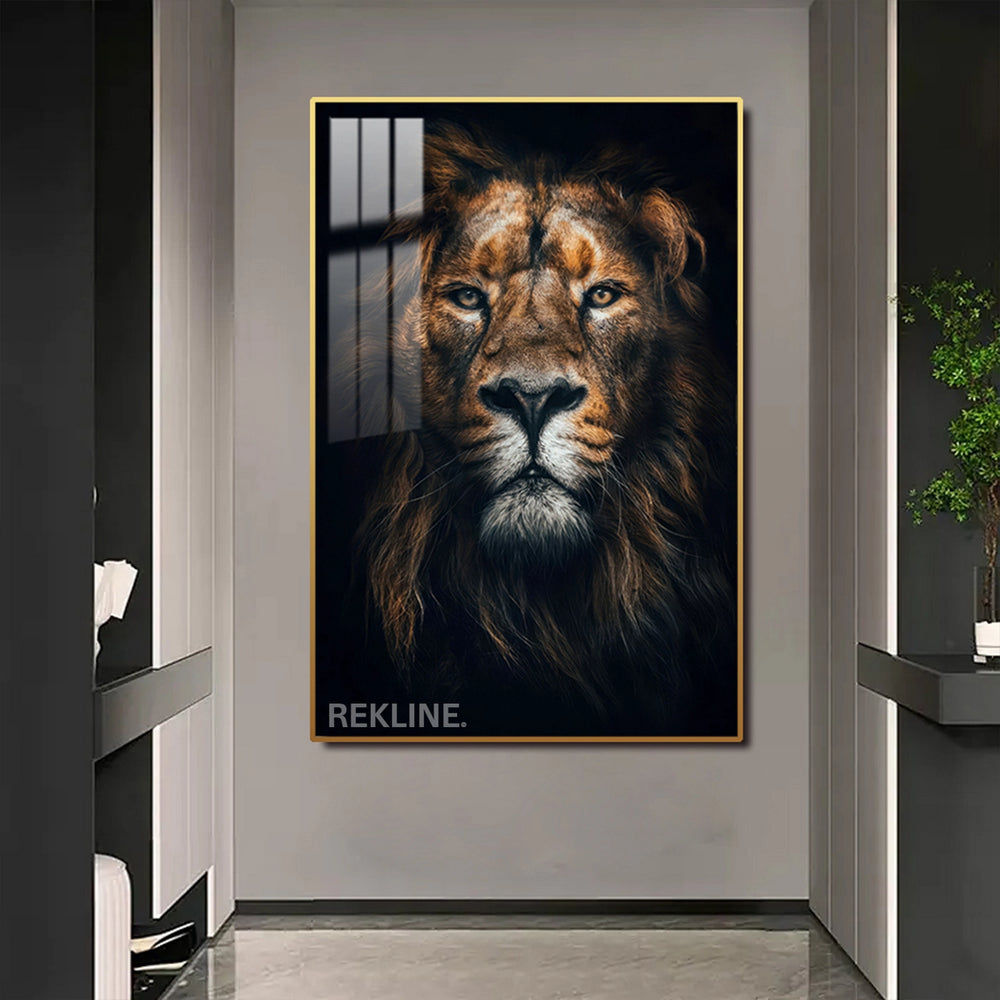 Close-up portrait of a lion’s face, illuminated by LED backlight on canvas