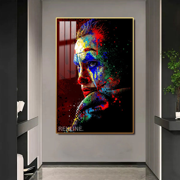 Joker Wall Art | LED Canvas with Splatter Detail & Gold or Black Frame | 100×150 cm Abstract Pop Villain Aesthetic | By REKLINE