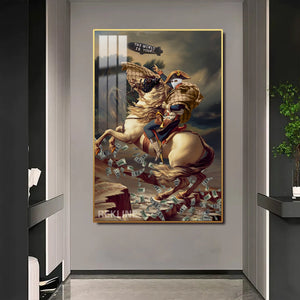 LED Conquest Canvas | “The World Is Yours” Horse & Rider Painting | 100×150 cm LED-Illuminated Crystal-Porcelain, Gold/Black Frame | By REKLINE