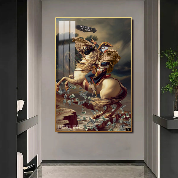 LED Conquest Canvas | “The World Is Yours” Horse & Rider Painting | 100×150 cm LED-Illuminated Crystal-Porcelain, Gold/Black Frame | By REKLINE