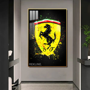 Ferrari Logo LED Canvas | Ferrari Painting | 100×150 cm LED-Illuminated Crystal-Porcelain, Gold/Black Frame | By REKLINE