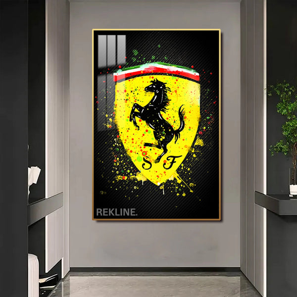 Ferrari Logo LED Canvas | Ferrari Painting | 100×150 cm LED-Illuminated Crystal-Porcelain, Gold/Black Frame | By REKLINE