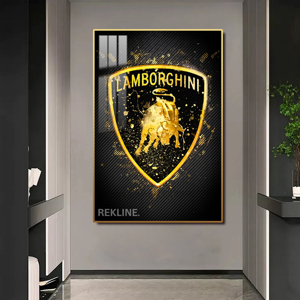 Lamborghini Logo LED Canvas | Lamborghini Painting | 100×150 cm LED-Illuminated Crystal-Porcelain, Gold/Black Frame | By REKLINE