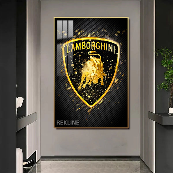 Lamborghini Logo LED Canvas | Lamborghini Painting | 100×150 cm LED-Illuminated Crystal-Porcelain, Gold/Black Frame | By REKLINE