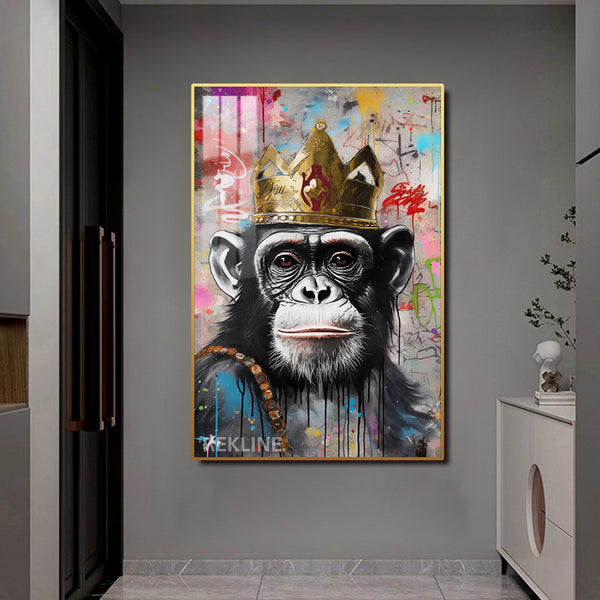 Royal Chimpanzee LED Canvas | Vertical Framed Monkey Pictures 100×150 cm | LED-Illuminated Crystal-Porcelain Chimpanzee Painting, Gold/Black Frame | By REKLINE