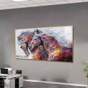 Horse Wall Art | 200×100 cm LED Canvas in Gold or Black Frame | Colourful Statement Piece for Large Spaces | By REKLINE