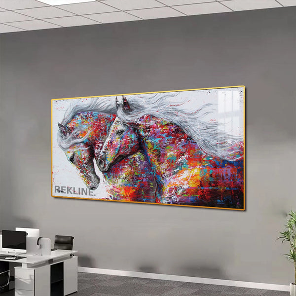 Horse Wall Art | 200×100 cm LED Canvas in Gold or Black Frame | Colourful Statement Piece for Large Spaces | By REKLINE