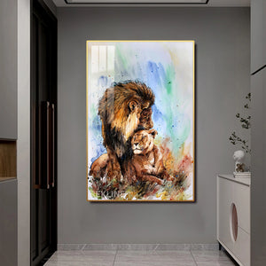Lion Prints | LED Canvas in Gold Frame | 100×150 cm Elegant Wildlife Wall Art for Nature-Inspired Interiors | By REKLINE