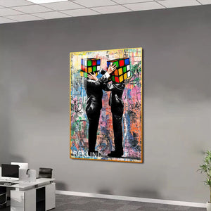 Rubik Cube Heads LED Canvas | 100×150 cm LED-Illuminated Crystal-Porcelain Rubik Cube Painting, Gold/Black Frame | By REKLINE