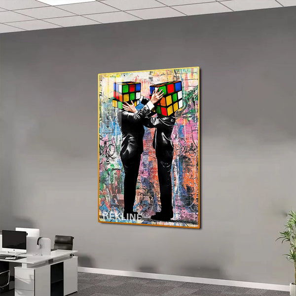 Rubik Cube Heads LED Canvas | 100×150 cm LED-Illuminated Crystal-Porcelain Rubik Cube Painting, Gold/Black Frame | By REKLINE