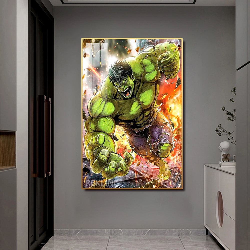 Incredible Hulk LED Canvas | Hulk Painting | 100×150 cm LED-Illuminated Crystal-Porcelain, Gold/Black Frame | By REKLINE