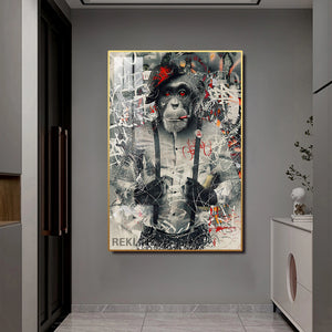 Graffiti Art Prints | LED Monkey Canvas in Gold or Black Frame | 100×150 cm Framed Urban Wall Decor | By REKLINE