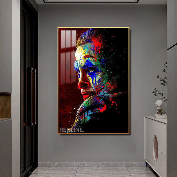 Joker Wall Art | LED Canvas with Splatter Detail & Gold or Black Frame | 100×150 cm Abstract Pop Villain Aesthetic | By REKLINE