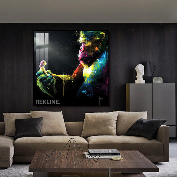 Gorilla Canvas Wall Art | LED Design in Gold or Black Frame | 100×100 cm Emotional Street-Style Piece with Bold Detail | By REKLINE