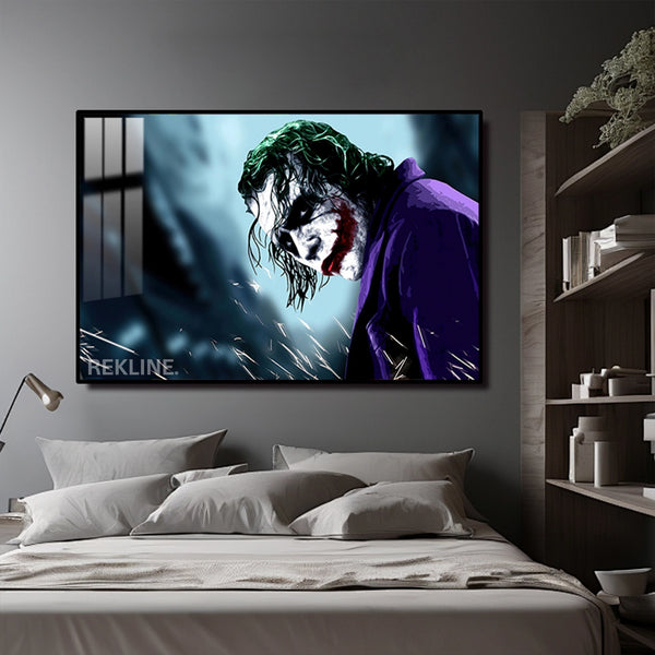LED-Enhanced Joker Portrait Canvas | Glow in The Dark Horizontal Painting | Horizontal LED Canvas 150×100 cm | Crystal-Porcelain, Gold / Black Frame | By REKLINE