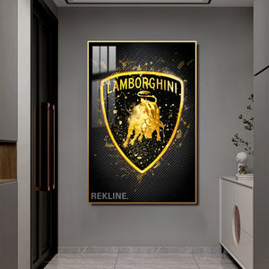 Lamborghini Logo LED Canvas | Lamborghini Painting | 100×150 cm LED-Illuminated Crystal-Porcelain, Gold/Black Frame | By REKLINE