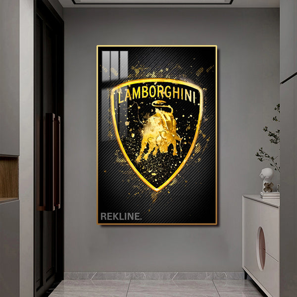 Lamborghini Logo LED Canvas | Lamborghini Painting | 100×150 cm LED-Illuminated Crystal-Porcelain, Gold/Black Frame | By REKLINE