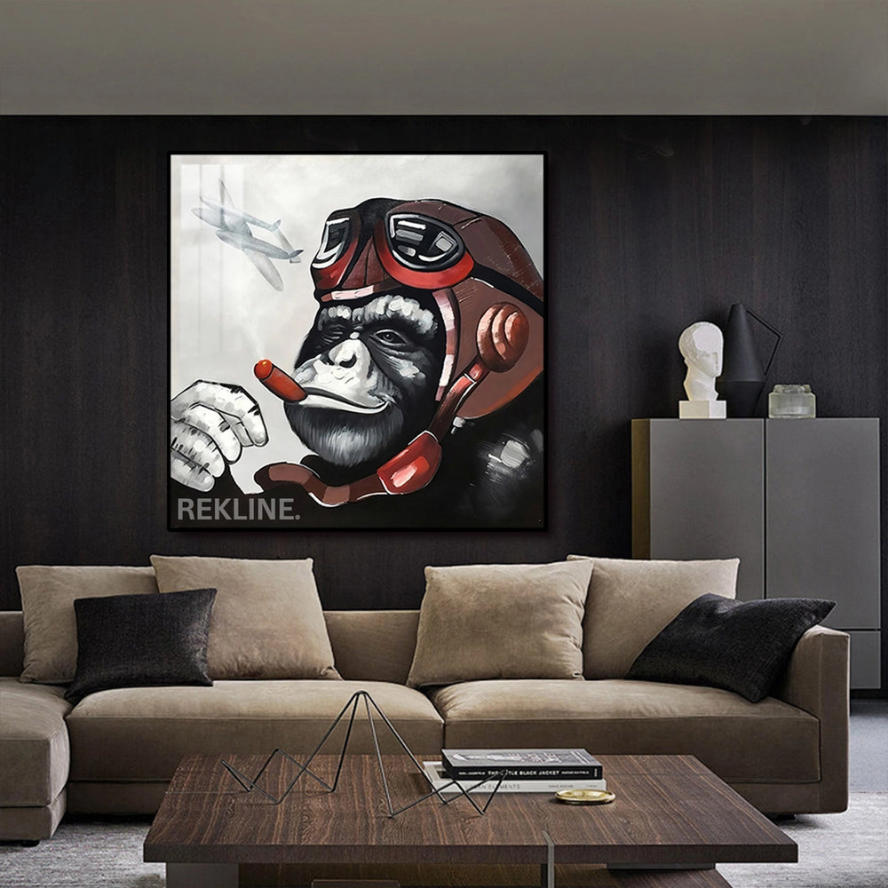Monkey Canvas Wall Art | LED Pilot Design with Gold or Black Frame | 100×100 cm Retro Pop Decor for Unique Interiors | By REKLINE