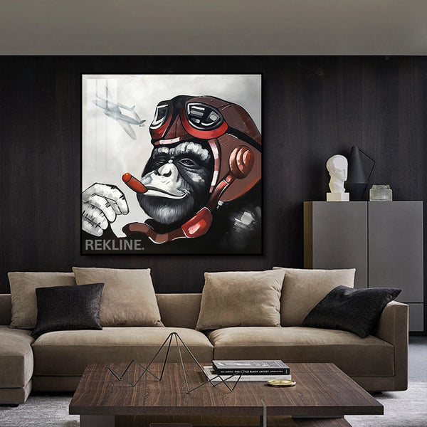 Monkey Canvas Wall Art | LED Pilot Design with Gold or Black Frame | 100×100 cm Retro Pop Decor for Unique Interiors | By REKLINE