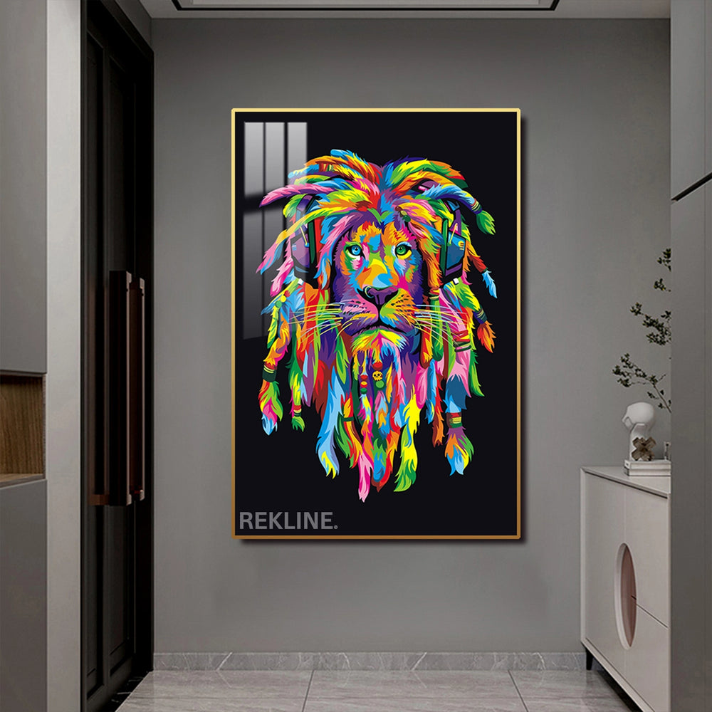 Colourful Lion Canvas | LED Wall Art with Headphones in Gold or Black Frame | 100×150 cm Pop-Inspired Centrepiece | By REKLINE